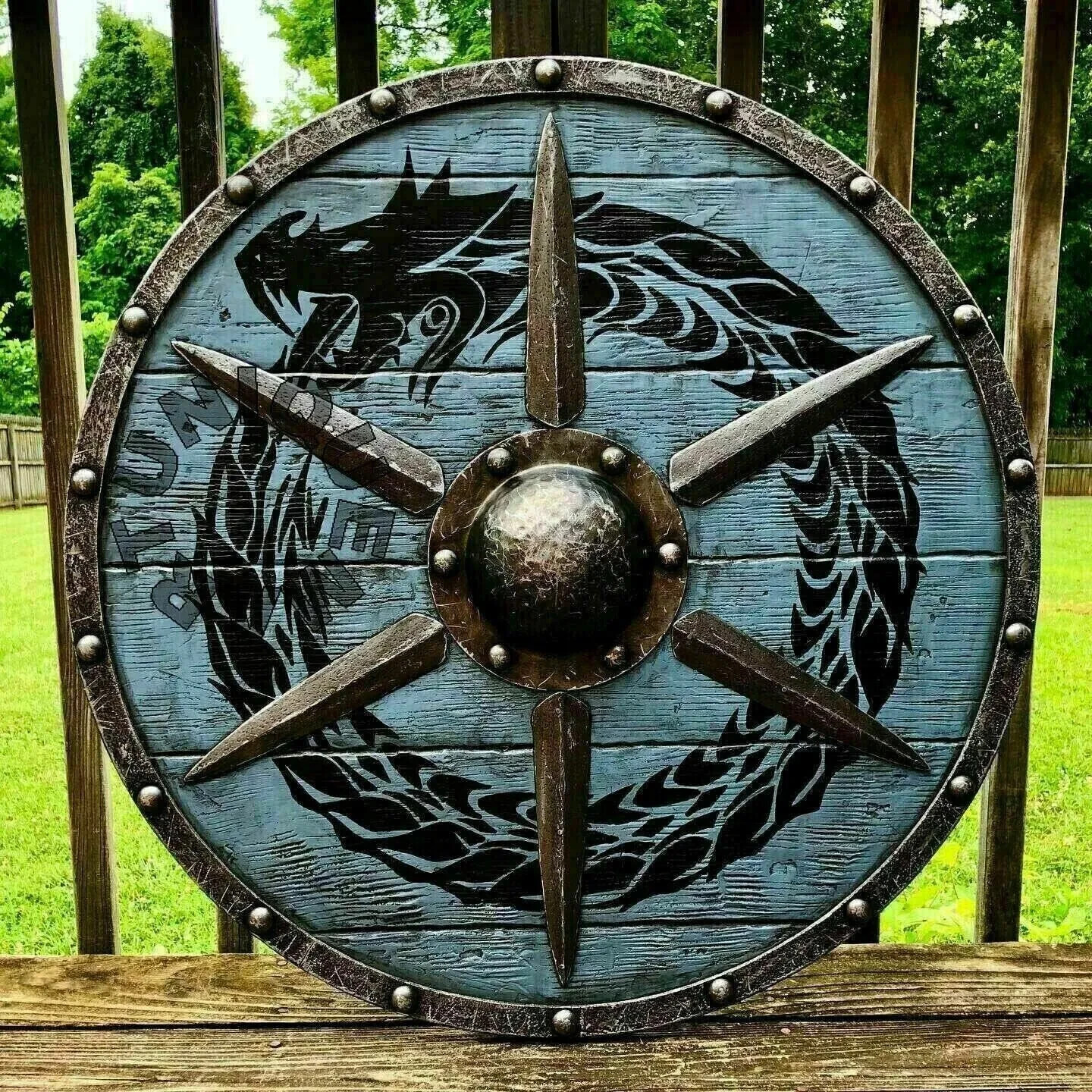 Ss Runes Shield Viking Runes Helm of Awe Aegishjalmur Norse Pattern Wooden Round Shield ...