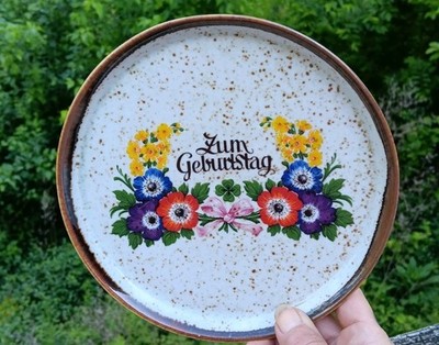 German Zum Geburtstag Round Hand Painted Floral Ceramic Hanging Decor Trivet...