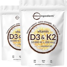 2 Pack Vitamin D3 10000 iu Plus K2 MK-7 200 mcg, 300 300 Count Pack of 2 