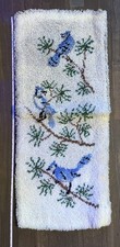 Vintage Blue Jay Latch Hook Wall Hanging 3 Birds Pine Branches 32x14 Fiber Art