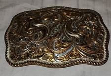Vintage Crumrine Heavy Silver Plate On Jewelers Bronze Western Belt Buckle