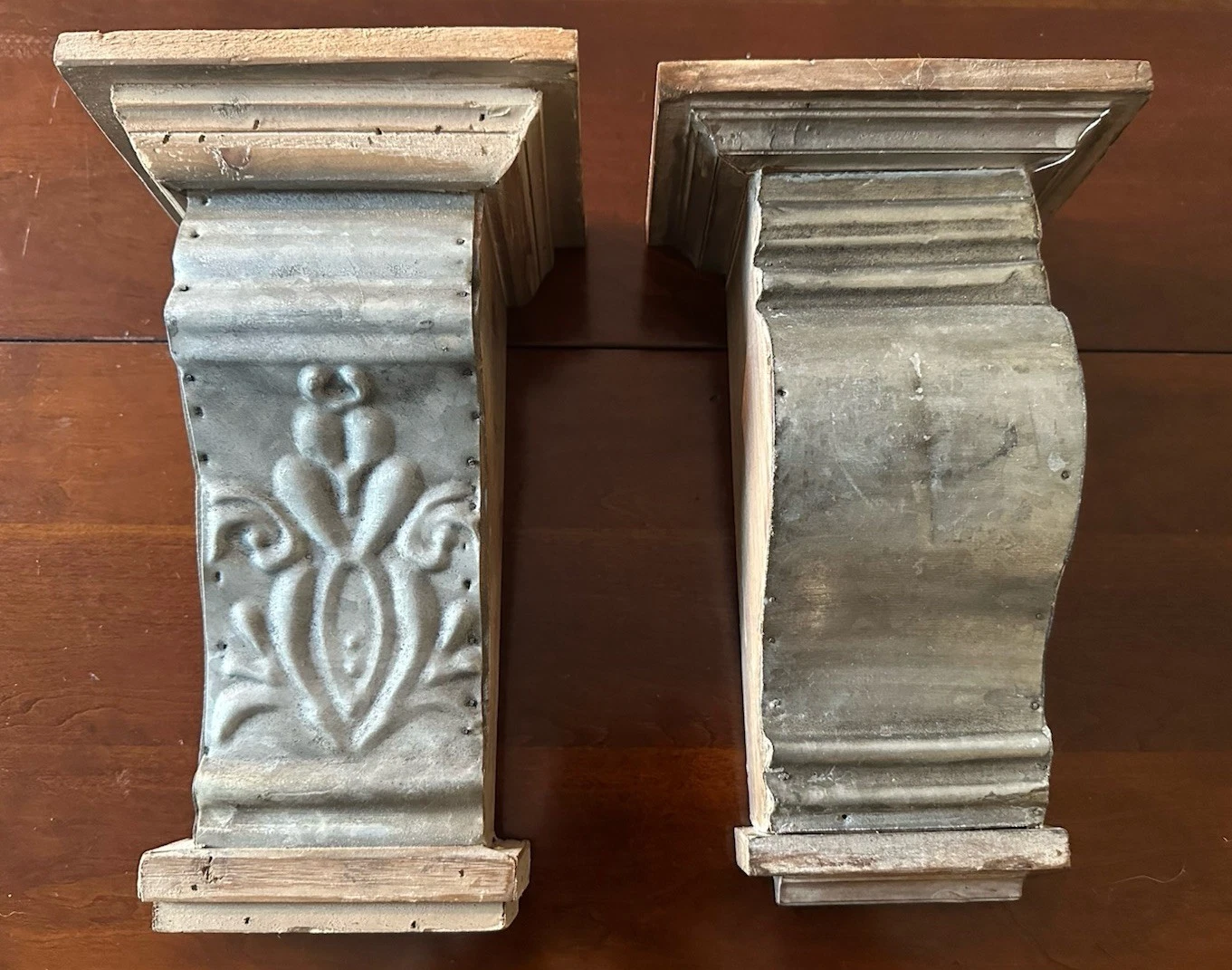 Pair Of Distressed Corbel Wall Shelves Wood And Tin Rustic Lightweight