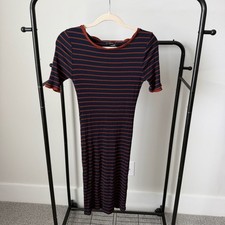Forever 21 Striped Ribbed Knit Short Sleeve Midi Dress Navy Orange Size M