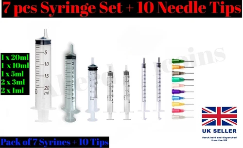 20ml 10ml 5m 3ml 1ml Syringe Set + BLUNT TIPS Glue Ink Resin Enamel Oil Hobby