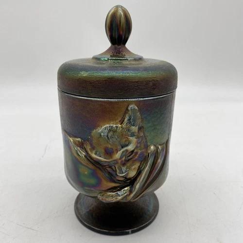 Vintage Fenton “Chessie” Cat Iridescent Jar Purple Carnival Glass Marked 1970 8”