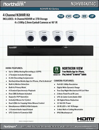 PAQUETE Northern HD-1-4 CANALES, 2 TB N3HVR+4-2,8 mm 1080p cámaras IR globo ocular-#N3HVR4KIT4C - Imagen 7 de 9