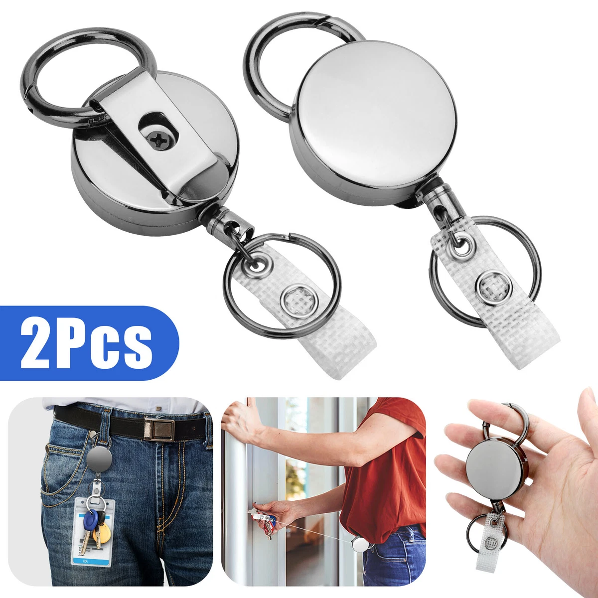 2 Pcs Retractable Badge Reel ID Card Holders Heavy Duty With Belt Clip Key Ring