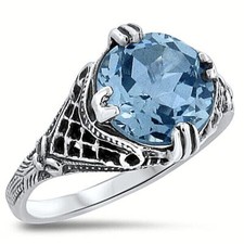 ANTIQUE STYLE 925 STERLING SILVER 4 CARAT SIMULATED AQUAMARINE RING     335Z