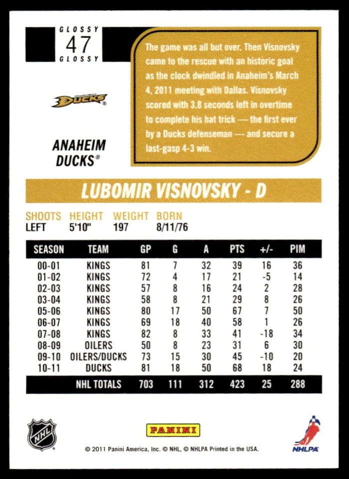 2011-12 SCORE GLOSSY Lubomir Visnovsky Anaheim Ducks #47 - Image 2 of 2