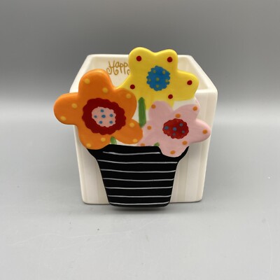 Happy Everything Coton Color Cream/Tan Stripe 4'' Mini Nesting Cube With Flowers