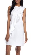 Spense White Ruffle Stretch Cotton Shift Dress 