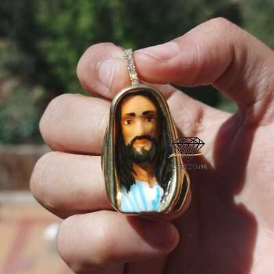 0.40 ctw Moissanite 14K Yellow Gold Over Jesus Head Enamel Men's Pendant 2''