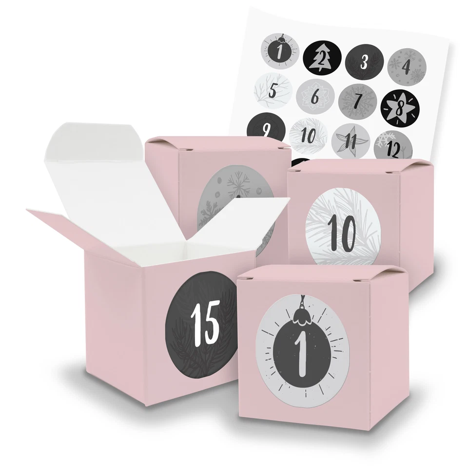 itenga Adventskalender 24x Würfel Rosa Zahlen Klassisch Grau Schwarz Geschenk