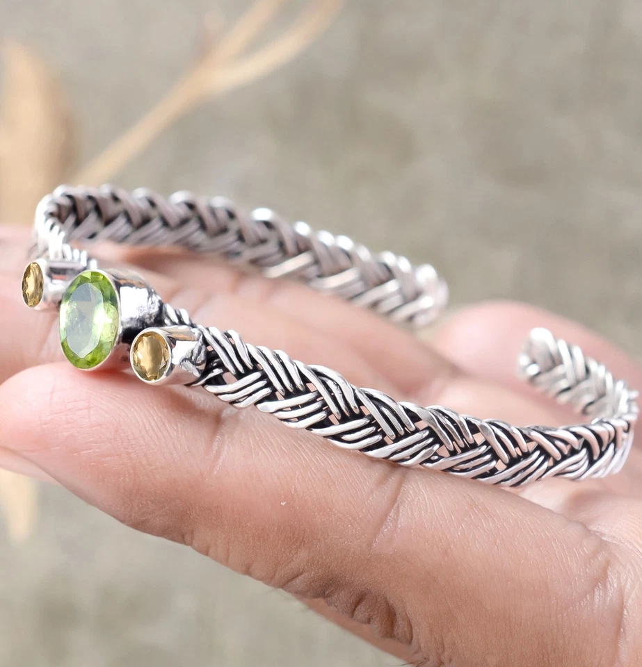 Green Peridot Cut,Citrine Topaz Gemstone Cuff 925 Sterling Silver New Art Bangle - Image 2 of 4