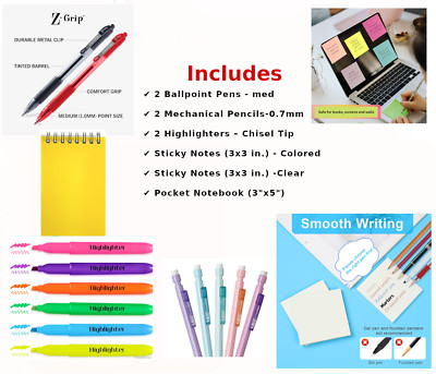 Essential Note-Taking Bundle - Pens, Pencils, Highlighters, Sticky Pads Notebook