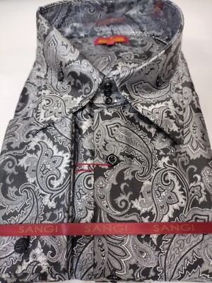 Mens Black Gray Flowery Paisley Designer Jacquard Shirt SANGI SORRENTO COLL 3018