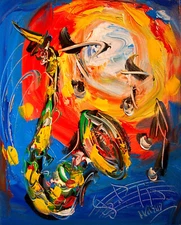 SAXOPHONE   SIGNED  Original Oil Painting on canvas IMPRESSIONIST BEFYg89RI432