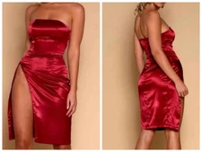 MESHKI Sz M Or 10 Burgundy Satin Alayna Strapless Mini Dress