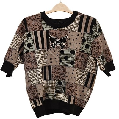 Disney Nightmare Before Christmas Patchwork Bow Sweater Black Tan Green