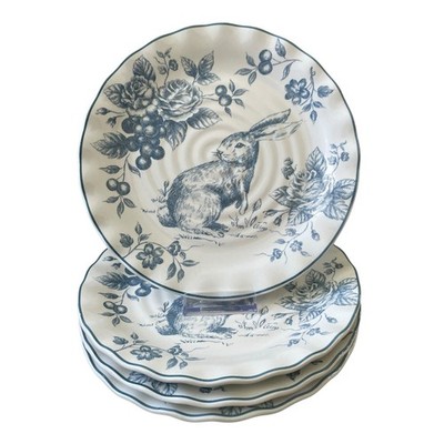 NEW Maxcera Blue Toile Bunny Rabbit Dinner Plates 11'' Scalloped Easter Set of 4 