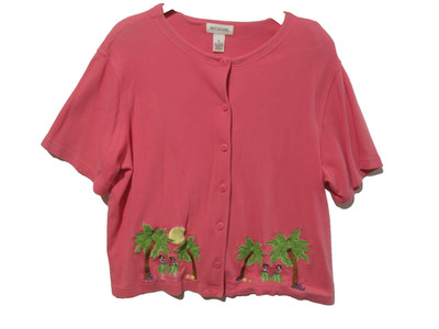 Sz XL Vtg 90s Bechamel Pink HAWAII Knit Shirt Palm Embroidered Granny Travel Top