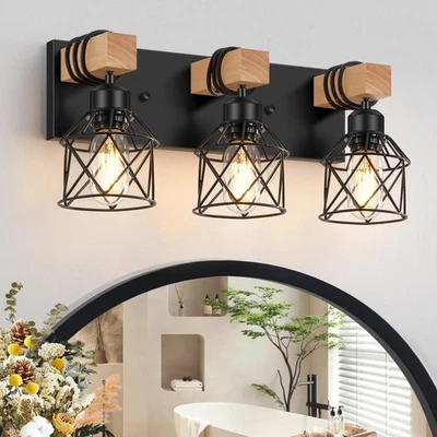 FadimiKoo 3-Light Farmhouse Vanity Light for Bathroom, Wood Bathroom Light Fi
