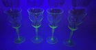 Set Of 4 Fancy Uranium Glass Wine Glasses Ribbed Art Deco Depression Era 7.75"