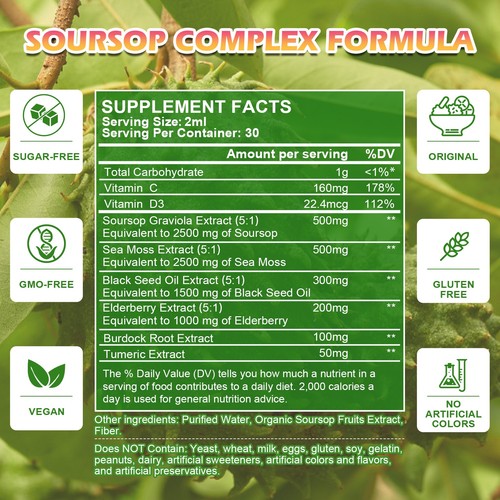 100% Pure Graviola Soursop Liquid Drops w/ Sea Moss Balck Seed Oil Herbal Drops - Picture 7 of 8
