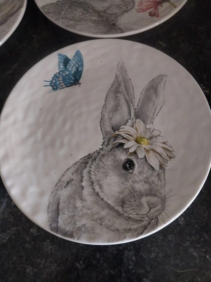 Adorable SKETCH EASTER/SPRING BUNNY 8.5" Salad Plate Set 4Pc. Pier 1 - Image 4 of 4