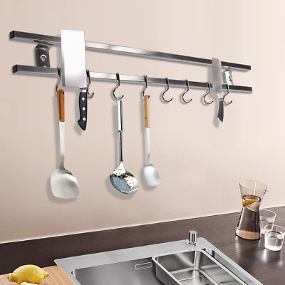 24" Wall Mount Magnetic Knife Storage Holder Rack Double-bar Kitchen Tool&8 Hook - Image 1 of 4