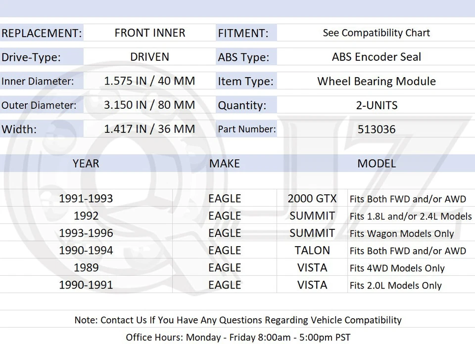 [FRONT-INNER(Qty.2pcs)] New Hub Bearing For 1989-1991 Eagle Vista 4WD 2.0L Wagon - Image 2 of 4