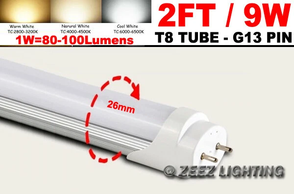 4X T8 2FT 9W Cool White LED Tube Light Bulb 2 Feet Replacement Fluorescent Lamp - Image 2 of 4