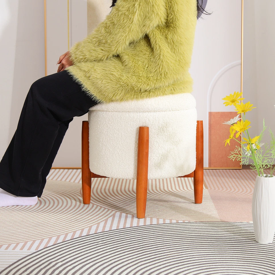 Livingroom Round Storage Ottoman Modern Teddy Velvet Footstool with Wood Legs - Image 4 of 4
