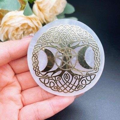 2.4'' Natural Selenite Slab Crystal Stone Rune Chakra Tree Charging Plate Disc