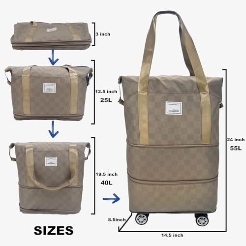 Expandable foldable duffel bag suitcase, detachable rolling wheels,carry Khaki - Picture 5 of 8
