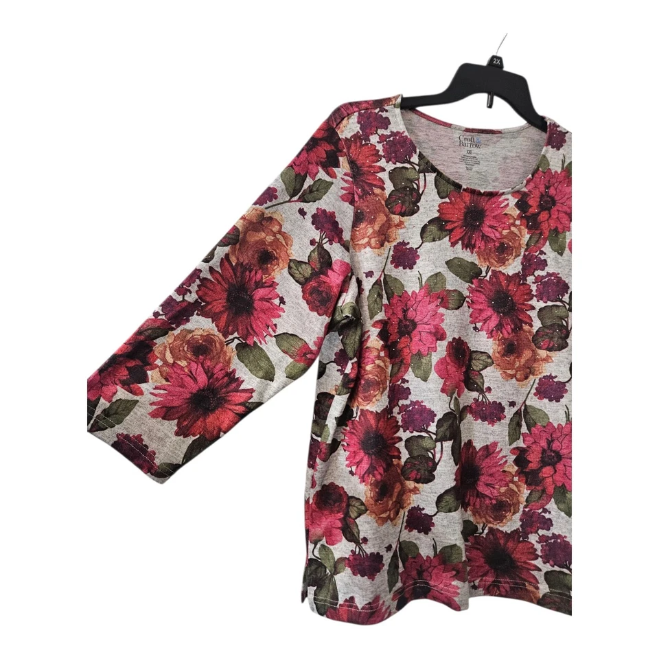 Croft & Barrow Mujer 2X Camisa Top Floral Gris Rosa Manga 3/4 Blusa Suave Foto 3 de 4