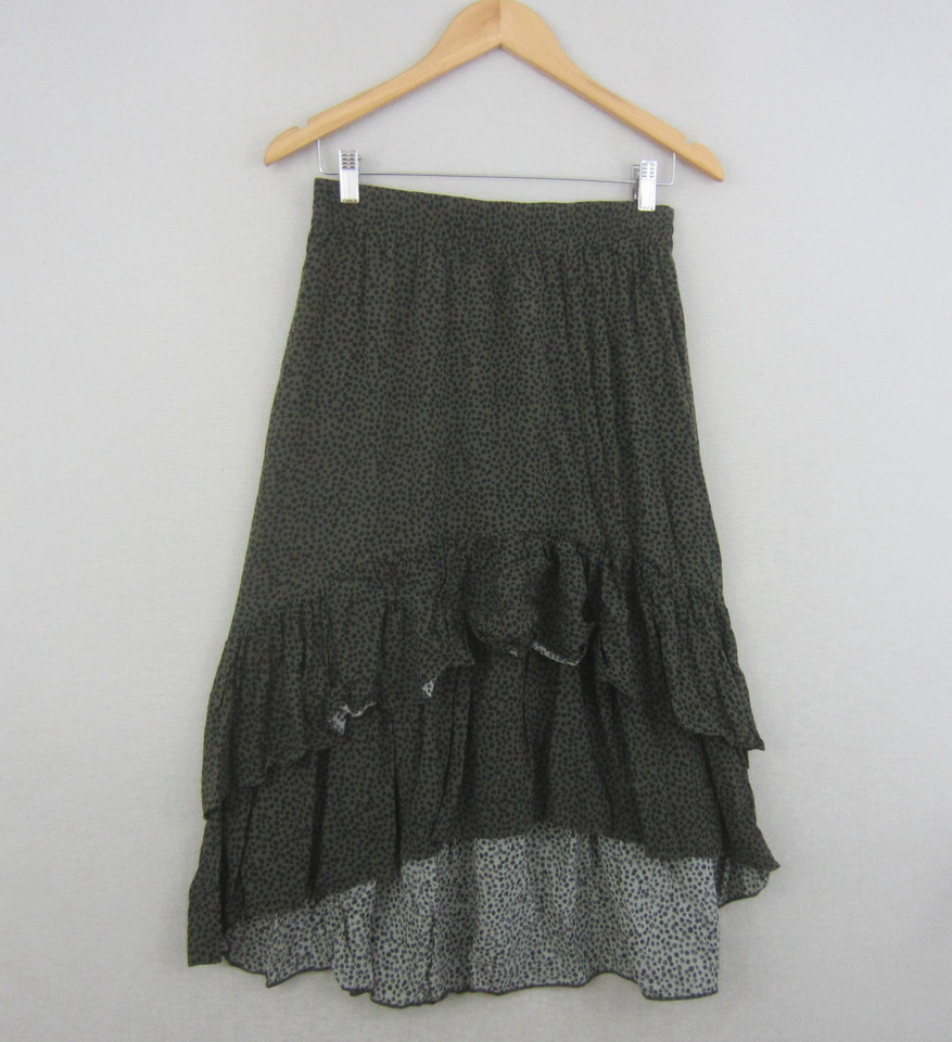 Sass Skirt Womens 10 Green Spot Print Tiered Ruffle Asymmetric Hem Midi Boho