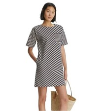 Tory Burch Striped T Shirt Dress Lg Short Sleeve Pocket Navy Cream Casual Size M