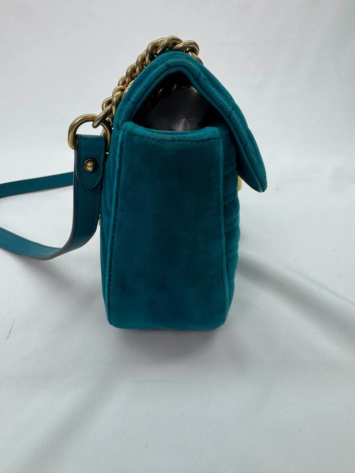 G09 Gucci Double G Marmont Mini Blue Velvet Shoulder Bag Messenger Bag - Image 3 of 4