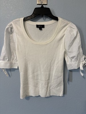 BCX Womens Sweater Top Large Ivory Puff Sleeve Knit Blouse Bow Sleeve NWT