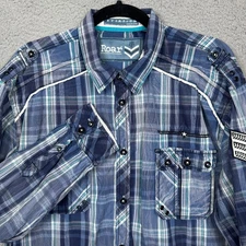 Roar Shirt Mens XL Blue Plaid Aviator Edition Button Military Faded Preppy Y2K