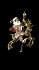 Vintage Christmas Rhinestone Goldtone Santa Claus Carousel Reindeer Brooch Pin