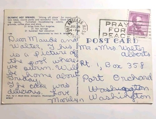 Postkarte Vintage Olympic Hot Springs Port Angeles, Washington um 1950 A598 - Bild 3 von 3