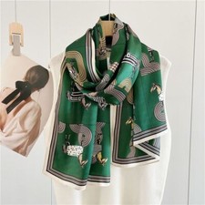 Horses Print Pure Mulberry Satin Silk Shawl Wrap Oblong Scarf 170 53cm Green