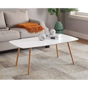 White Piano Finish Coffee Table Wood Legs Modern Living Room Decor