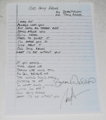 "God Only Knows" Beach Boys Brian Wilson Song handwritten lyrics 9"x11