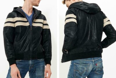 Men's Real Leather Jacket Hooded Genuine Leather Bomber Biker Hoodie Jacket Coat