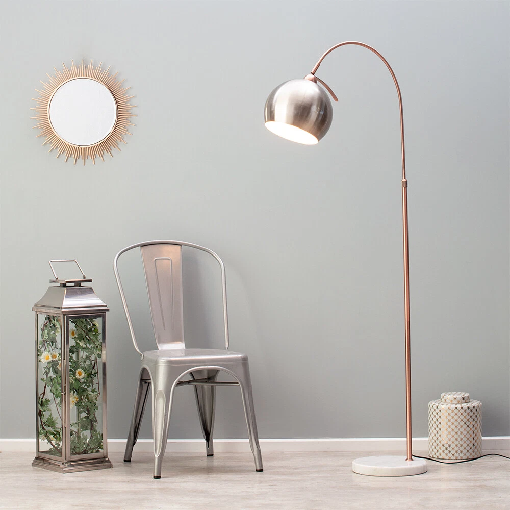Litecraft Floor Lamp Curved Arm White Marbled Base Satin Chrome