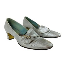 Vintage 1960s Silver Metallic Rhinestone Chunky Heels Mandarins Cocktail Party