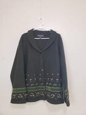 VTG Herman Geist Womens Cardigan 100% Wool Green Velvet Shawl Collar Cottagecore